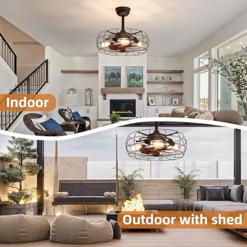 19" Caged Ceiling Fan with Light, Low Profile Flush Mount Bladeless Ceiling Fan, Small Farmhouse Industrial Enclosed Ceiling Fan with Remote Black Round Farmhouse Ceiling Fan Light Fixture