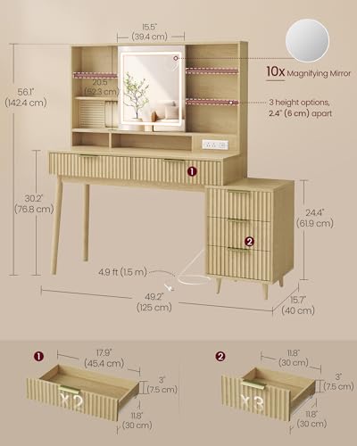 Fluted Vanity Desk with Sliding Mirror & Lights, 5 Drawers, Charging Station, Oak Beige
