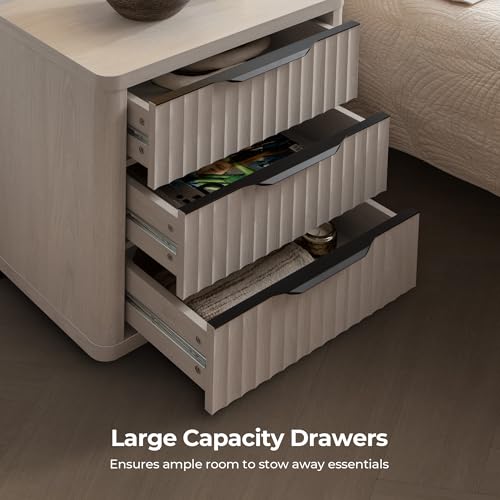 Set of 2 Modern Nightstands with 3 Drawers - Tall 25.6" Fluted Bedside Tables for Bedroom, Living Room, Sofa, Couch & Office - Stylish Mid Century Storage Solutions