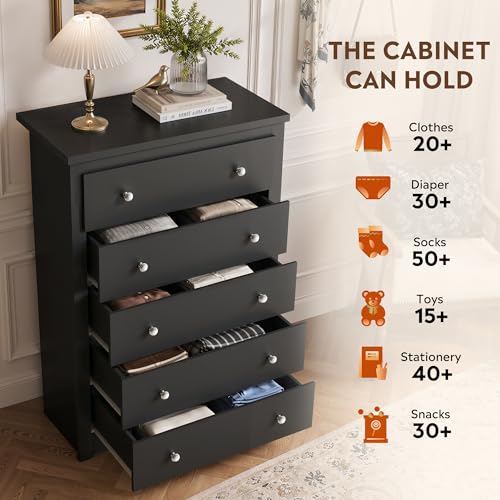 Black Wood 5-Drawer TV Stand, 45" Tall TV Console | Media Storage Cabinet & Organizer Drawers for Living Room, Hallway, Close