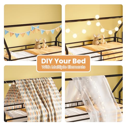 Twin Over Twin Bunk Bed with 3-Tier Storage Bookshelf, Metal House Bed with Ladder & Safety Guardrail, Space Saving, No Box Spring Needed, Black