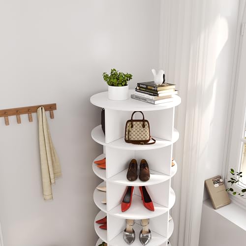 7-Tier Rotating Shoe Rack 360° Revolving Shoe Storage Organizer, Free Standing Spinning Shoe Rack Tower, Holds Over 28 Pairs, White