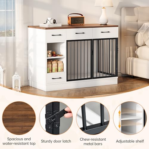 Large Dog Crate Furniture, 47.2'' Dog Kennel Indoor with 3 Storage Drawers and Hidden Feeding Bowl, Sturdy Wooden Dog Crate with 2 Doors and Adjustable Shelf for Small, Medium Dogs