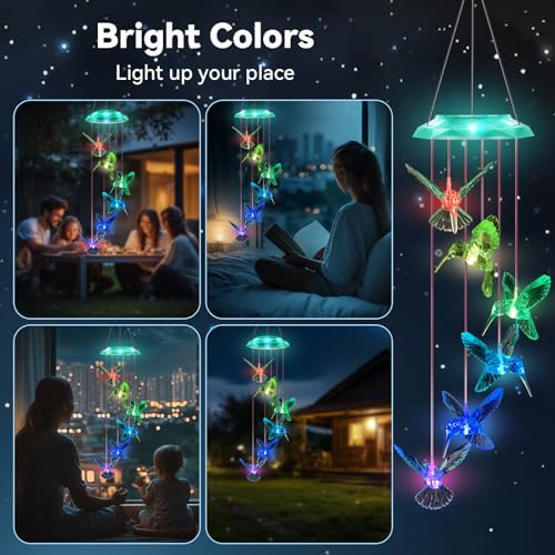 Wind Chimes,Hummingbird Solar Wind Chimes for Outside, Memorial Wind Bell for Garden/Patio Mobile Decorative Thanksgiving Gifts for Mom, Wife, Grandma Neighbors(Green 28")