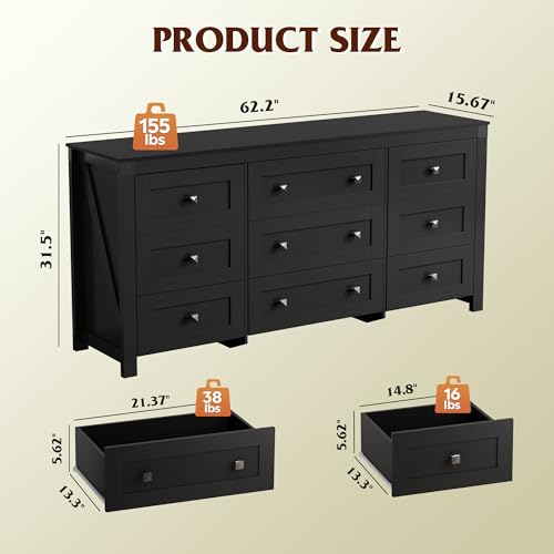 9-Drawer 62.2"W Farmhouse TV Stand for TVs up to 70 Inches, Black