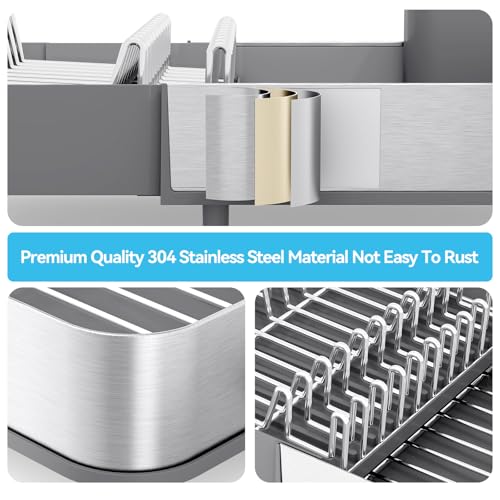 Expandable Dish Drying Rack, Stainless Steel Dish Drainer, Gray – Extends 16.1"–20.6", Removable Cutlery Holder & Quick Drainage