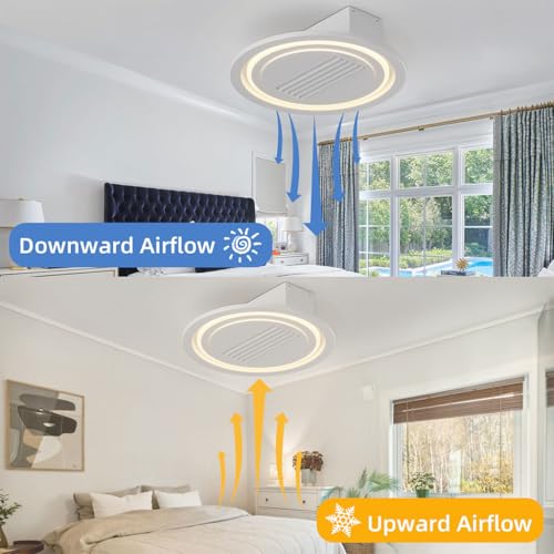22" Ceiling Fans with Lights, Low Profile Flush Mount Smart Bladeless Modern Ceiling Fan with Remote Control and 3000K-6500K Dimmable for Bedroom, Kids Room and Living Room