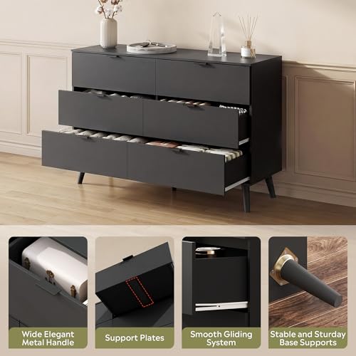 6-Drawer Moden TV Stand, Black Tall TV Console Fits Up to 55" TV Modern TV Stand with Sturdy Metal Handles, Storage Cabinet for Living Room & Office