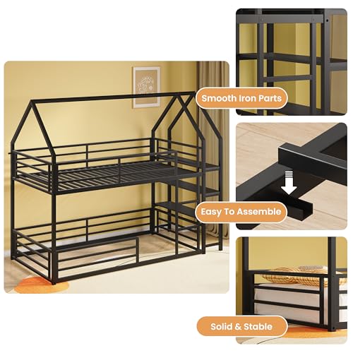Twin Over Twin Bunk Bed with 3-Tier Storage Bookshelf, Metal House Bed with Ladder & Safety Guardrail, Space Saving, No Box Spring Needed, Black