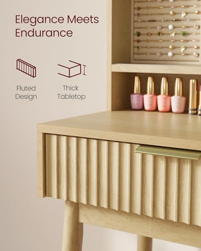 Fluted Vanity Desk with Sliding Mirror & Lights, 5 Drawers, Charging Station, Oak Beige