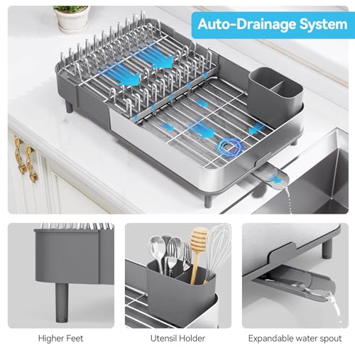 Expandable Dish Drying Rack, Stainless Steel Dish Drainer, Gray – Extends 16.1"–20.6", Removable Cutlery Holder & Quick Drainage