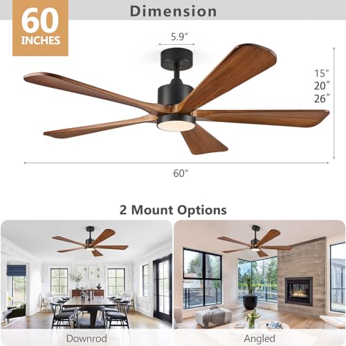 5 Blade Ceiling Fans with Lights, 60 inch Outdoor Ceiling Fans with Remote Control for Patio Bedroom, 5 Solid Wood Blades 6-Speed Reversible DC Motor(Walnut)