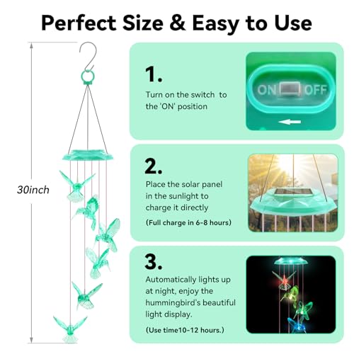 Wind Chimes,Hummingbird Solar Wind Chimes for Outside, Memorial Wind Bell for Garden/Patio Mobile Decorative Thanksgiving Gifts for Mom, Wife, Grandma Neighbors(Green 28")