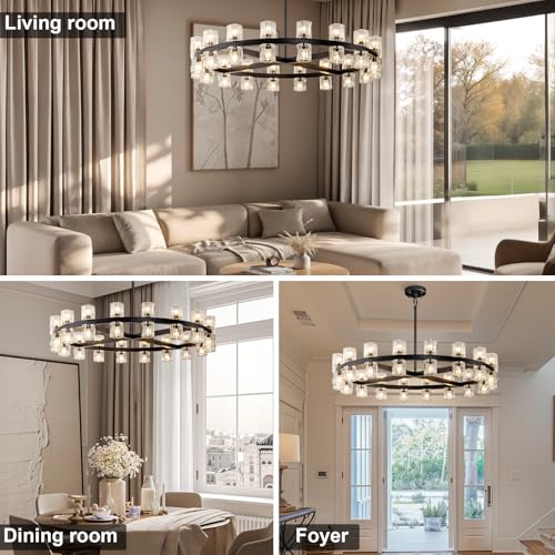 36 Inch Black Wagon Wheel Chandelier with Crystal Shade, 36 Lights, Large Round Modern Farmhouse Style, Perfect for Living Room, Dining Room, Bedroom, Foyer, Bathroom