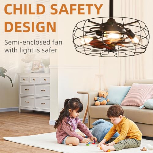 19" Caged Ceiling Fan with Light, Low Profile Flush Mount Bladeless Ceiling Fan, Small Farmhouse Industrial Enclosed Ceiling Fan with Remote Black Round Farmhouse Ceiling Fan Light Fixture