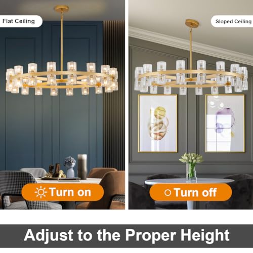 36 Inch Gold Wagon Wheel Chandelier with Crystal Shade, 36 Lights, Large Round Modern Farmhouse Style, Perfect for Living Room, Dining Room, Bedroom, Foyer, Bathroom