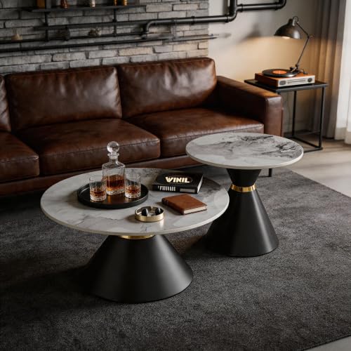 Round Nesting Coffee Table Set with Sintered Stone Top & Gold Accent, Black