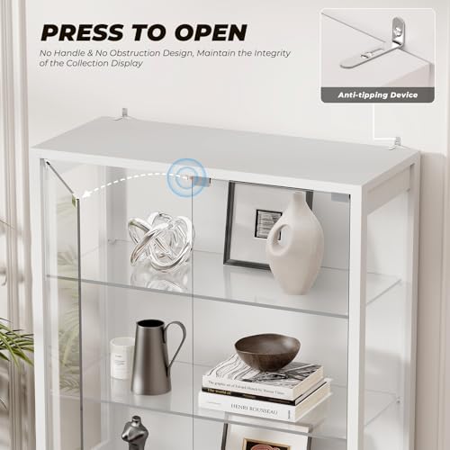 71" Tall Display Cabinet with Glass Doors, 6-Tier Shelves & 3-Color Lights, White