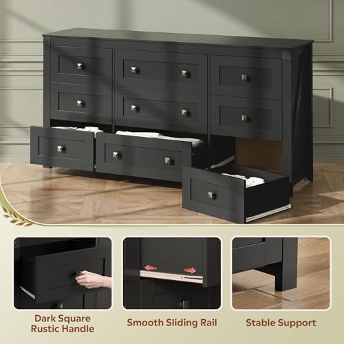 9-Drawer 62.2"W Farmhouse TV Stand for TVs up to 70 Inches, Black