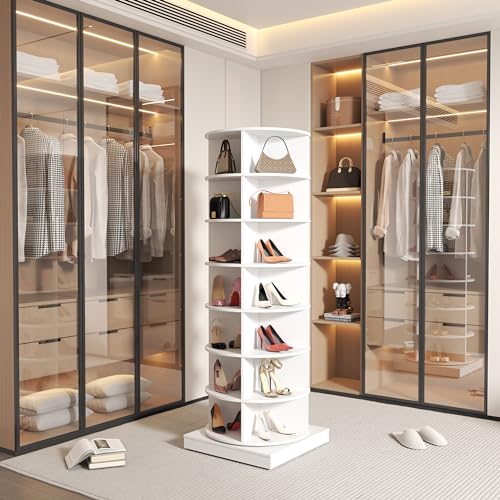 7-Tier Rotating Shoe Rack 360° Revolving Shoe Storage Organizer, Free Standing Spinning Shoe Rack Tower, Holds Over 28 Pairs, White