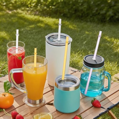 12 PCS Translucent Silver Glitter Reusable Straws Mix Colors for Light Smoothie, Iced Coffee & Drinks, 9" Hard Plastic Straws Fit Most 16 to 20oz Tumbler, Cleaning Brush & Canvas Bag Incl.