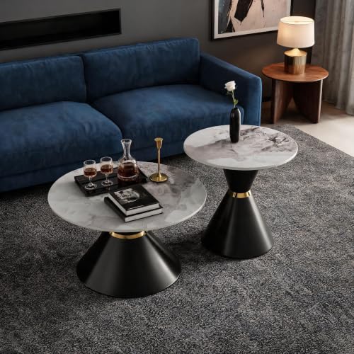 Round Nesting Coffee Table Set with Sintered Stone Top & Gold Accent, Black