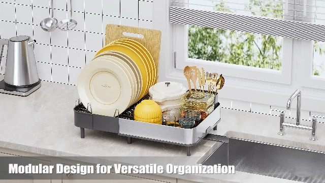 Expandable Dish Drying Rack, Stainless Steel Dish Drainer, Gray – Extends 16.1"–20.6", Removable Cutlery Holder & Quick Drainage