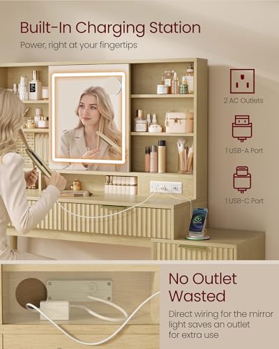 Fluted Vanity Desk with Sliding Mirror & Lights, 5 Drawers, Charging Station, Oak Beige