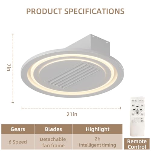 22" Ceiling Fans with Lights, Low Profile Flush Mount Smart Bladeless Modern Ceiling Fan with Remote Control and 3000K-6500K Dimmable for Bedroom, Kids Room and Living Room