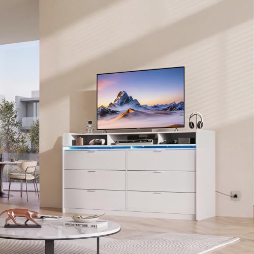 Large White 9-Drawer 58" LED TV Stand with Charging Station Modern Storage TV Console with Charging Station & Open Shelves, Fits 65" TV for Living Room, Office