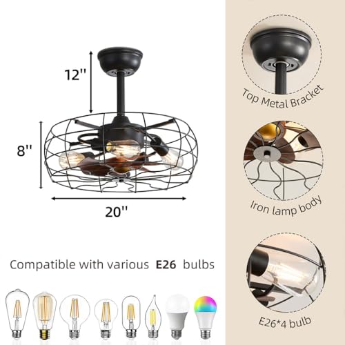 19" Caged Ceiling Fan with Light, Low Profile Flush Mount Bladeless Ceiling Fan, Small Farmhouse Industrial Enclosed Ceiling Fan with Remote Black Round Farmhouse Ceiling Fan Light Fixture