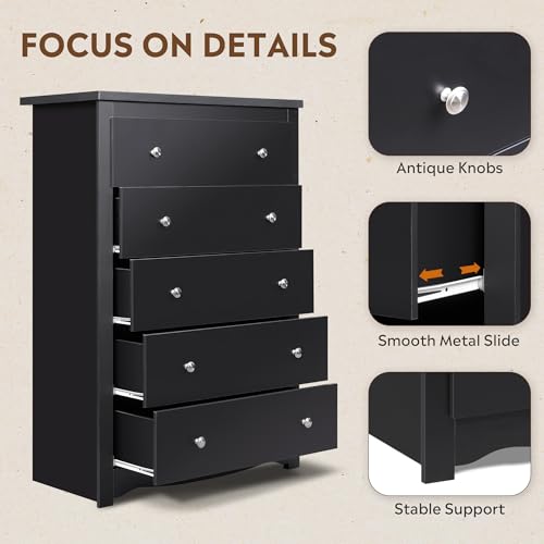 Black Wood 5-Drawer TV Stand, 45" Tall TV Console | Media Storage Cabinet & Organizer Drawers for Living Room, Hallway, Close