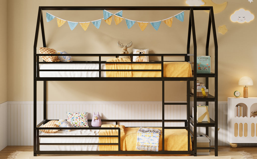 Twin Over Twin Bunk Bed with 3-Tier Storage Bookshelf, Metal House Bed with Ladder & Safety Guardrail, Space Saving, No Box Spring Needed, Black