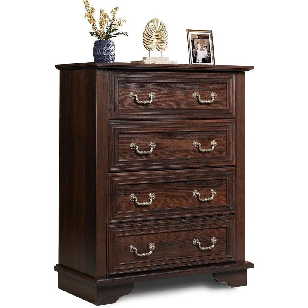 Tall Wood Dresser with 4 Drawers for Bedroom Chest of Drawers with Roman Metal Handle Brown-Retro 4 Drawers 15.75"D x 31.5"W x 38.98"H