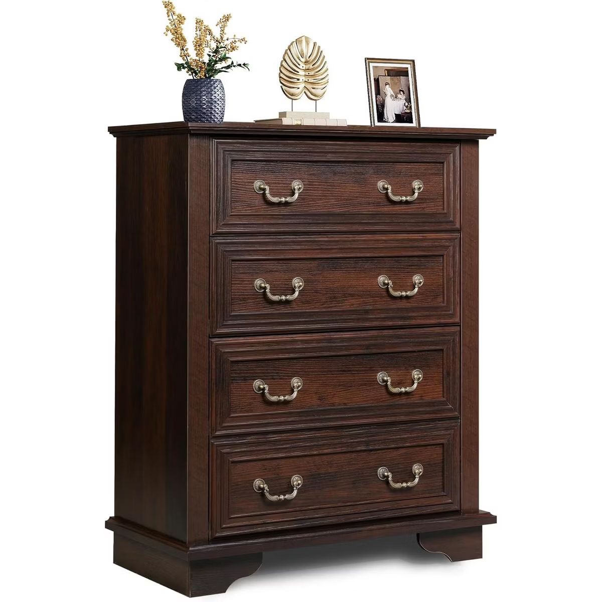 Tall Wood Dresser with 4 Drawers for Bedroom Chest of Drawers with Roman Metal Handle Brown-Retro 4 Drawers 15.75"D x 31.5"W x 38.98"H