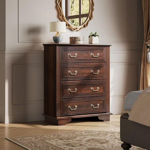 Tall Wood Dresser with 4 Drawers for Bedroom Chest of Drawers with Roman Metal Handle Brown-Retro 4 Drawers 15.75"D x 31.5"W x 38.98"H