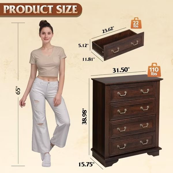 Tall Wood Dresser with 4 Drawers for Bedroom Chest of Drawers with Roman Metal Handle Brown-Retro 4 Drawers 15.75"D x 31.5"W x 38.98"H