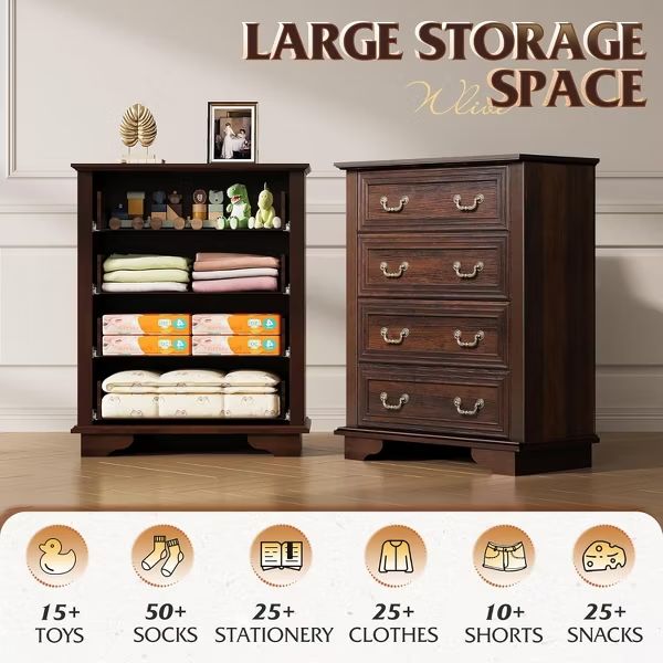 Tall Wood Dresser with 4 Drawers for Bedroom Chest of Drawers with Roman Metal Handle Brown-Retro 4 Drawers 15.75"D x 31.5"W x 38.98"H