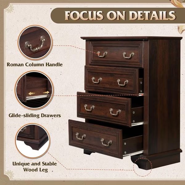 Tall Wood Dresser with 4 Drawers for Bedroom Chest of Drawers with Roman Metal Handle Brown-Retro 4 Drawers 15.75"D x 31.5"W x 38.98"H