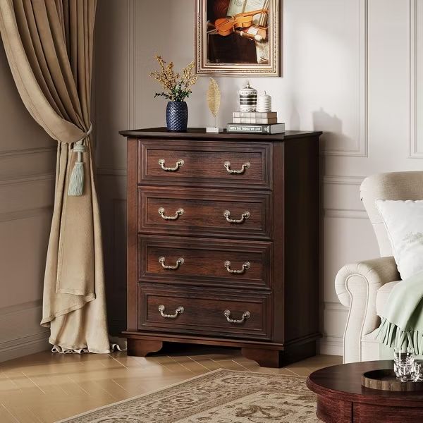 Tall Wood Dresser with 4 Drawers for Bedroom Chest of Drawers with Roman Metal Handle Brown-Retro 4 Drawers 15.75"D x 31.5"W x 38.98"H