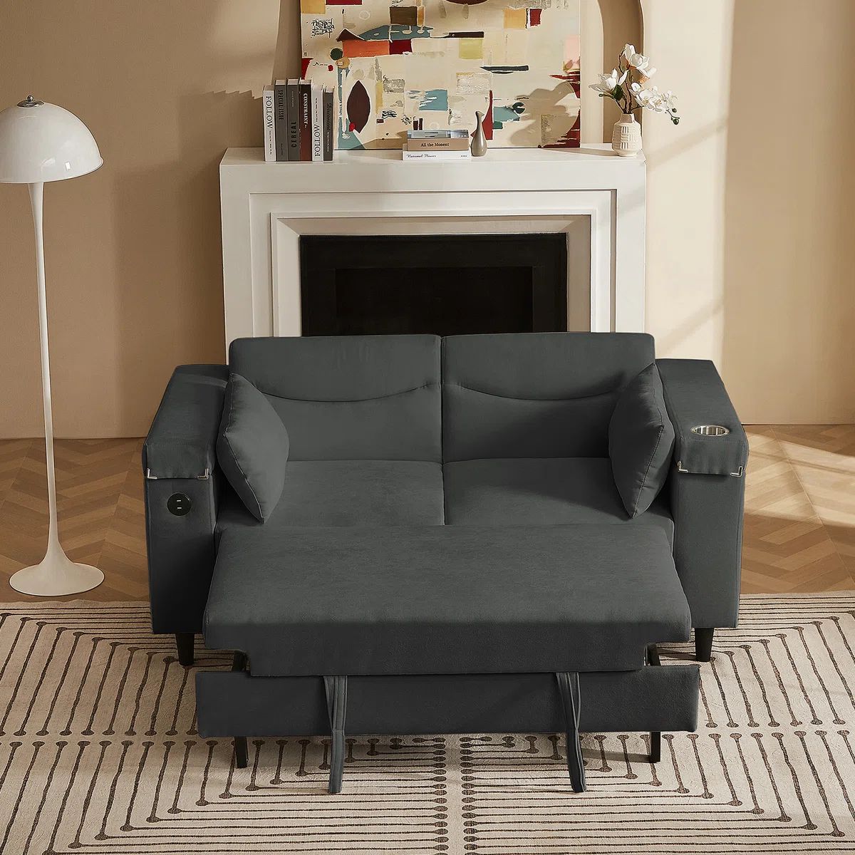 Dark Grey Chenille Convertible Sofa with Side Table, USB Port, and Hidden Storage for Modern Living