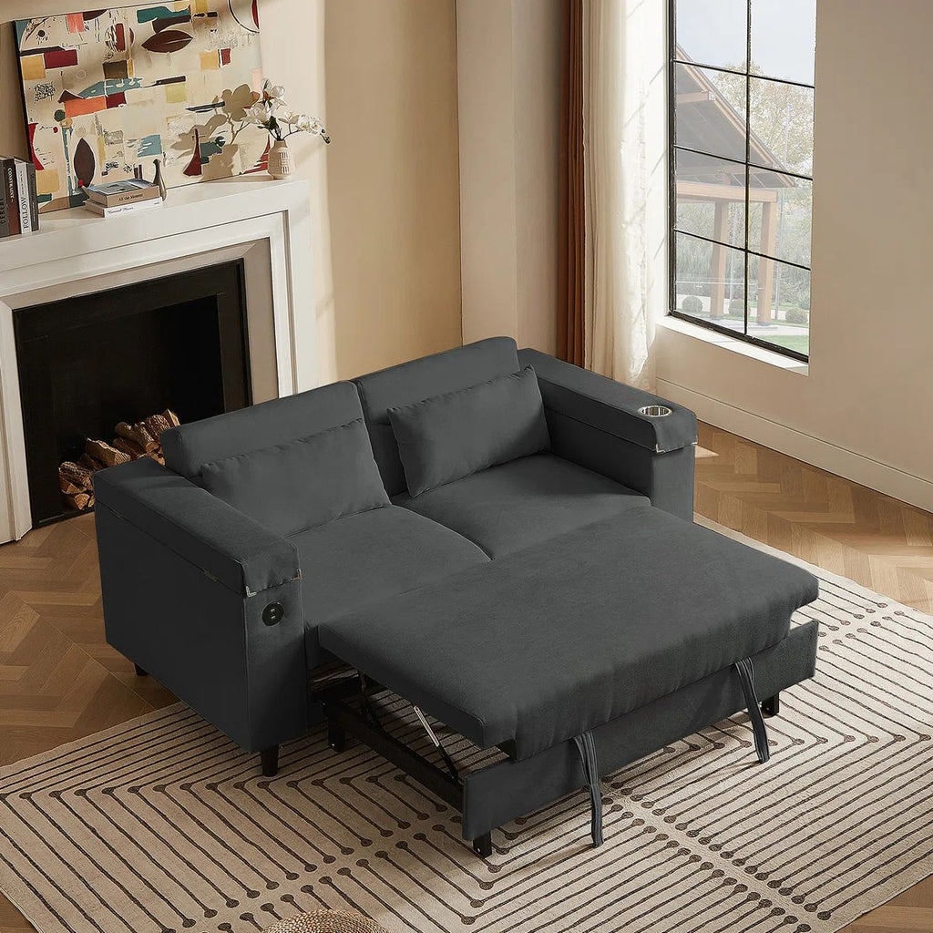 Dark Grey Chenille Convertible Sofa with Side Table, USB Port, and Hidden Storage for Modern Living