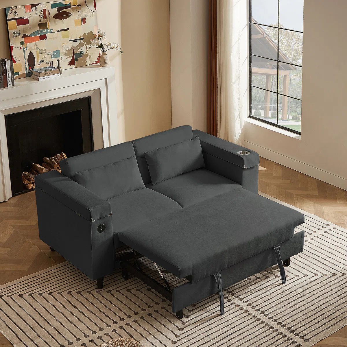 Dark Grey Chenille Convertible Sofa with Side Table, USB Port, and Hidden Storage for Modern Living