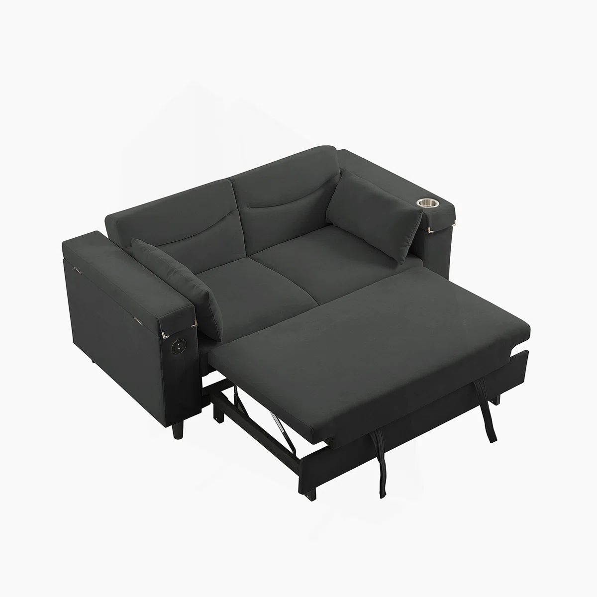 Dark Grey Chenille Convertible Sofa with Side Table, USB Port, and Hidden Storage for Modern Living