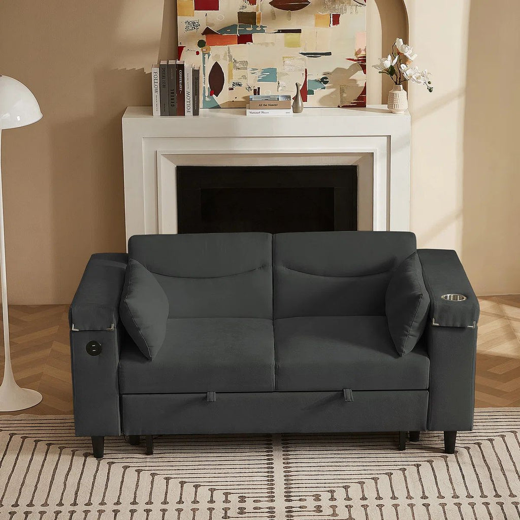 Dark Grey Chenille Convertible Sofa with Side Table, USB Port, and Hidden Storage for Modern Living