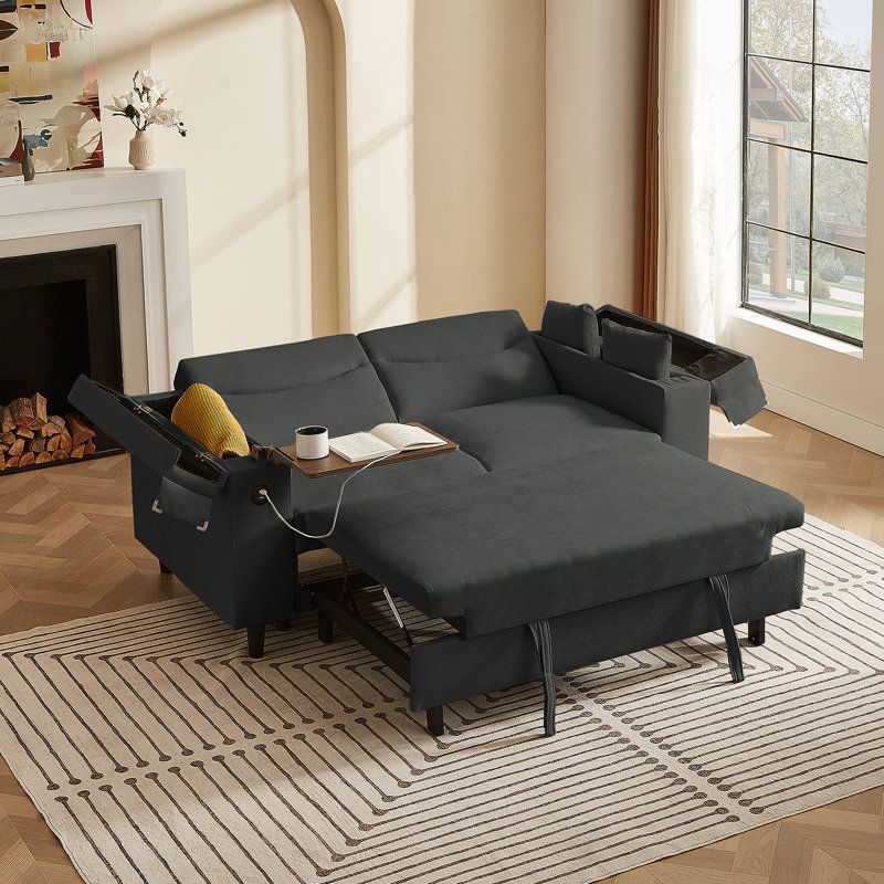 Dark Grey Chenille Convertible Sofa with Side Table, USB Port, and Hidden Storage for Modern Living