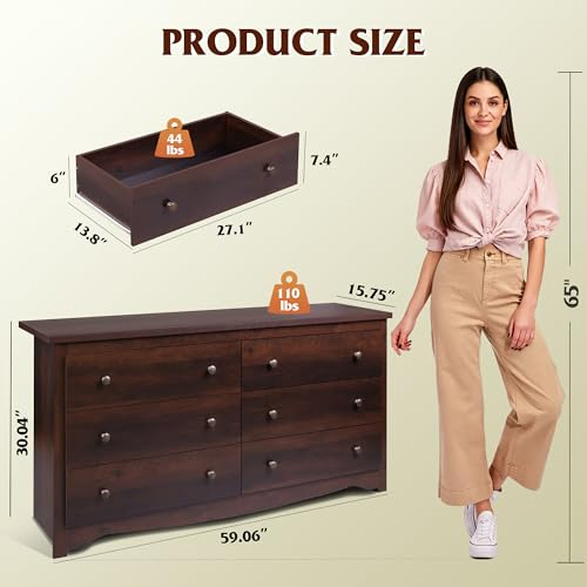 Brown 6-Drawer TV Stand, 59" Wide TV Console Fits Up to 55" TV