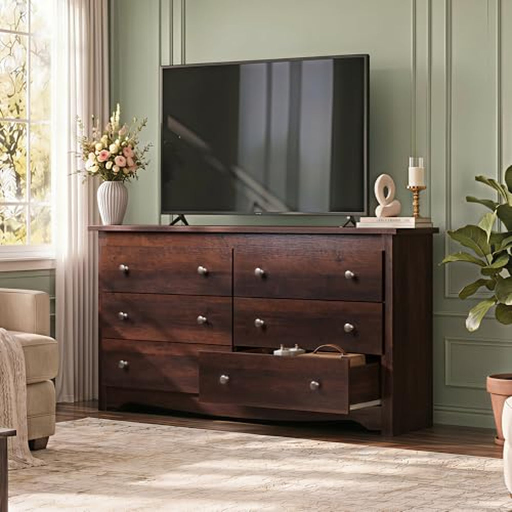 Brown 6-Drawer TV Stand, 59" Wide TV Console Fits Up to 55" TV