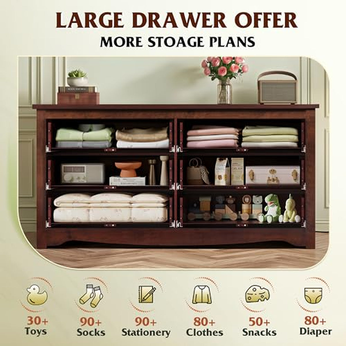 Brown 6-Drawer TV Stand, 59" Wide TV Console Fits Up to 55" TV