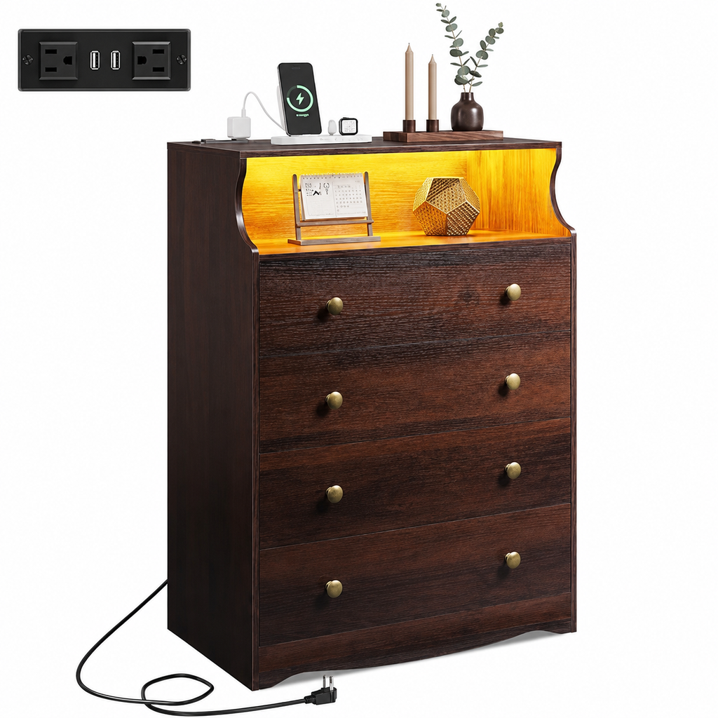 Rustic Brown Tall Wood TV Stand with 4 Drawers & Open Shelf TV Console with Built-in Power Outlet for Living Room, Office